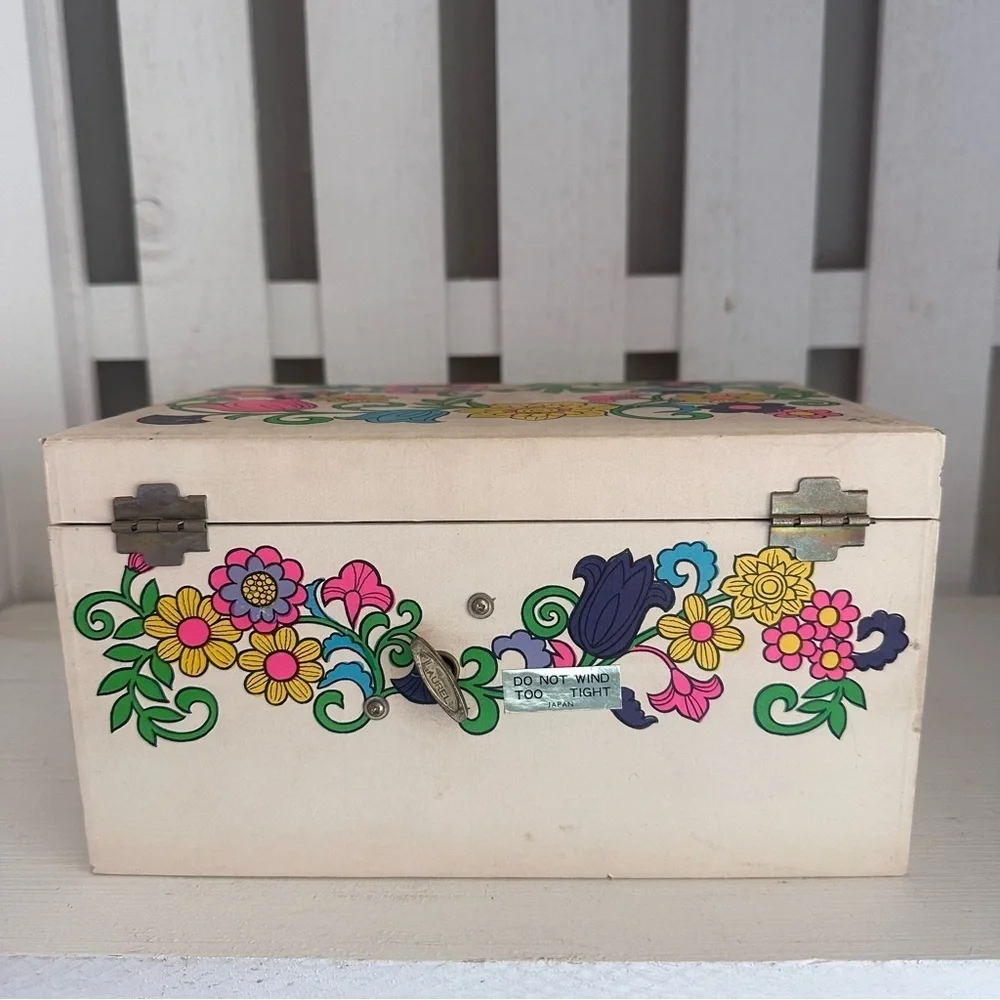 Vintage Japanese Ballerina Music Box Jewelry Box Floral Wood Spinning Dancer
